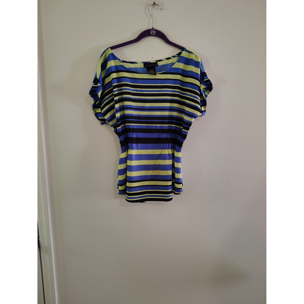 Attention Womens Blue Green Striped Smocked Waist Peplum Blouse Top Size M